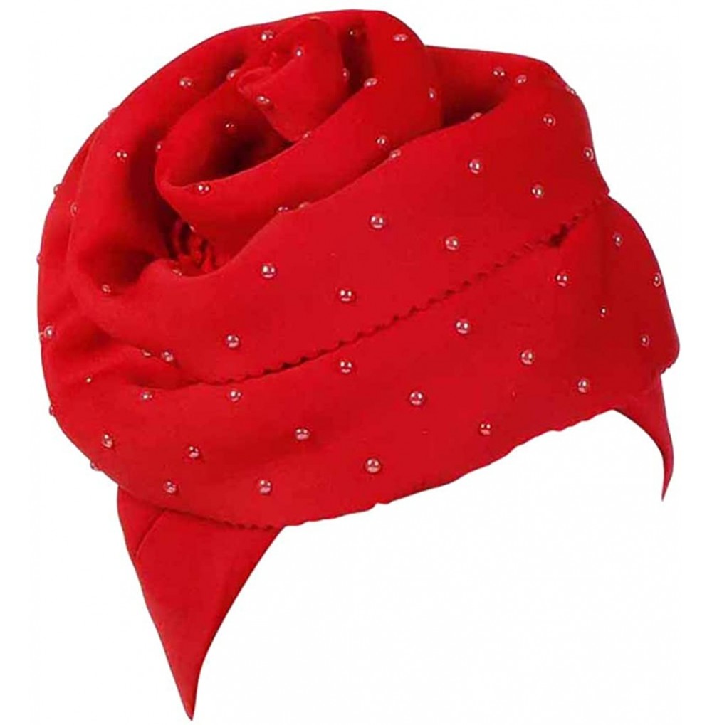 Skullies & Beanies Elegant Headscarf-Women Floral Rhinestone Scarf Turban Head Wrap Cap - Red - C618QCM5LYQ