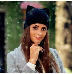 Skullies & Beanies Women Cat Ear Beanie Hat Wool Braided Knit Trendy Winter Warm Cap - Dark Black - C61895I895C