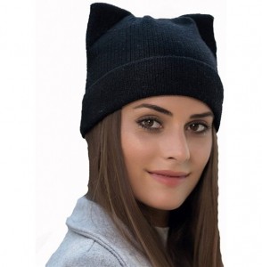 Skullies & Beanies Women Cat Ear Beanie Hat Wool Braided Knit Trendy Winter Warm Cap - Dark Black - C61895I895C