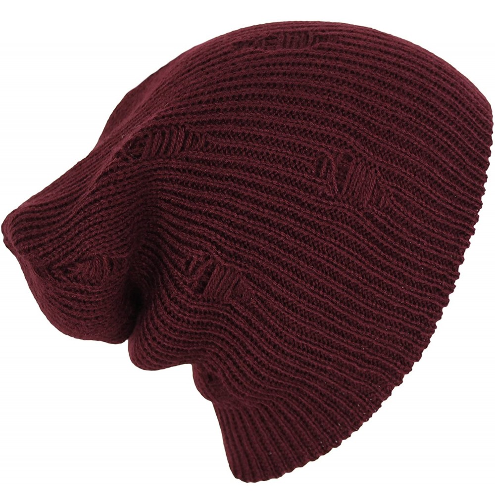 Skullies & Beanies Boho Distressed Slouch Beanie- Ripped Long Hipster Oversized Ribbed Knit Skull Hat - Burgundy - CJ186H7WG8Y