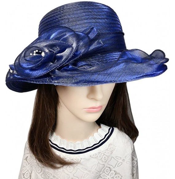 Sun Hats Women's Summer Sun Hat Foldable Floppy Organza Wide Brim Bucket Hat Straw Hat - Navy Blue - C518DAZO8R8