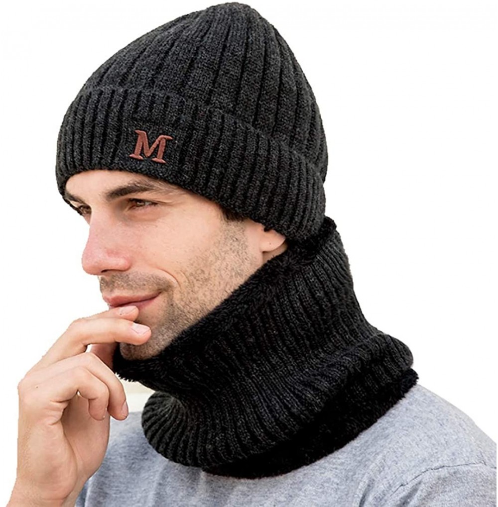 Skullies & Beanies Sleeve Cap Plush Thickened Windproof Knitted Wool Hat Neck Warmer Beanies for Men and Women in Winter - Bl...
