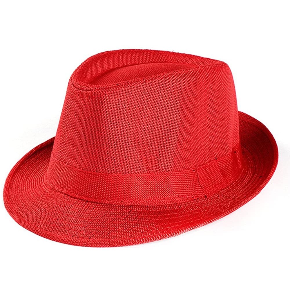 Sun Hats Unisex Summer Beach Straw Hat Trilby Gangster Cap Sun Protection Retro Hat Breathable Short Brim Hats - Red - C218OL...