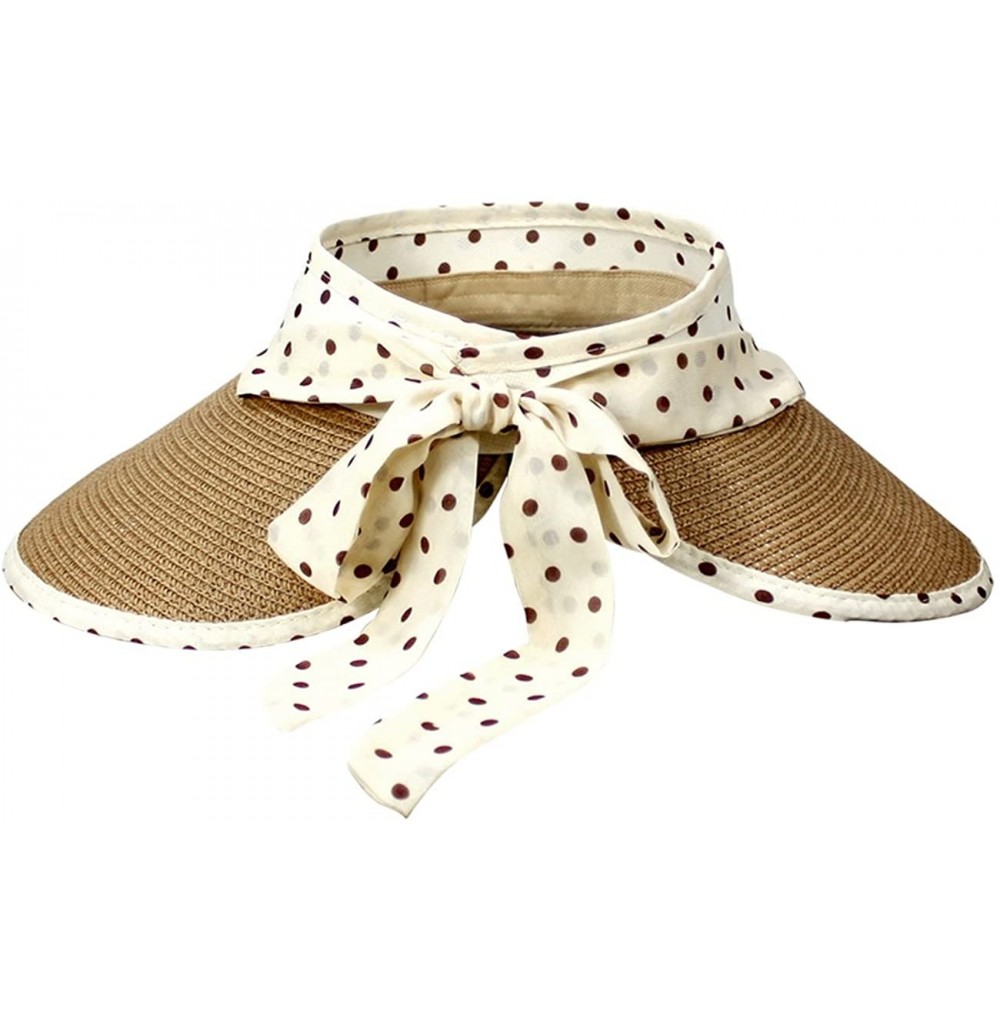 Sun Hats Women's Summer Sun Hat - Polka Dot Ribbon Straw Visor - Camel Tan - CV11DEY1GP9