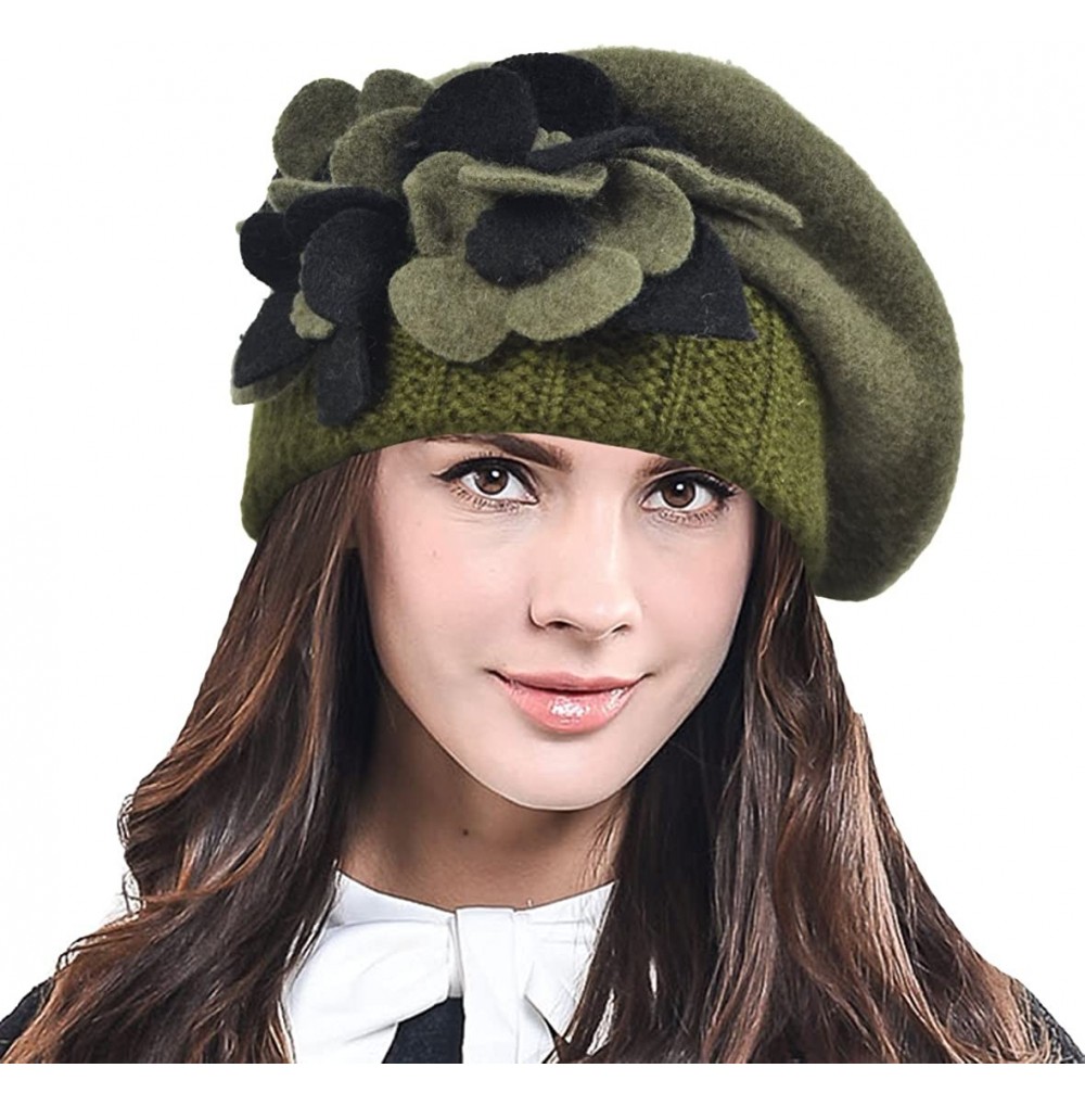 Berets Lady French Beret Wool Beret Chic Beanie Winter Hat Jf-br034 - Floral Green - C412OBBX5PS