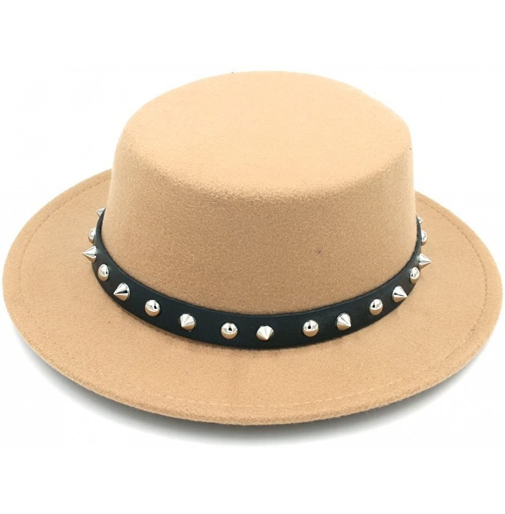 Fedoras Women Ladies Wool Blend Boater Hat Wide Brim Pork Pie Caps Rivets Leather Band - Khaki - CB18H379I93