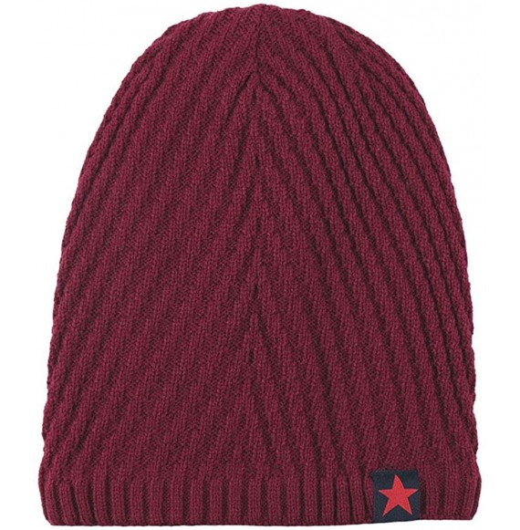 Skullies & Beanies Men Winter Skull Cap Beanie Large Knit Hat with Thick Fleece Lined Daily - N - Wine Red - CP18ZGS6T52