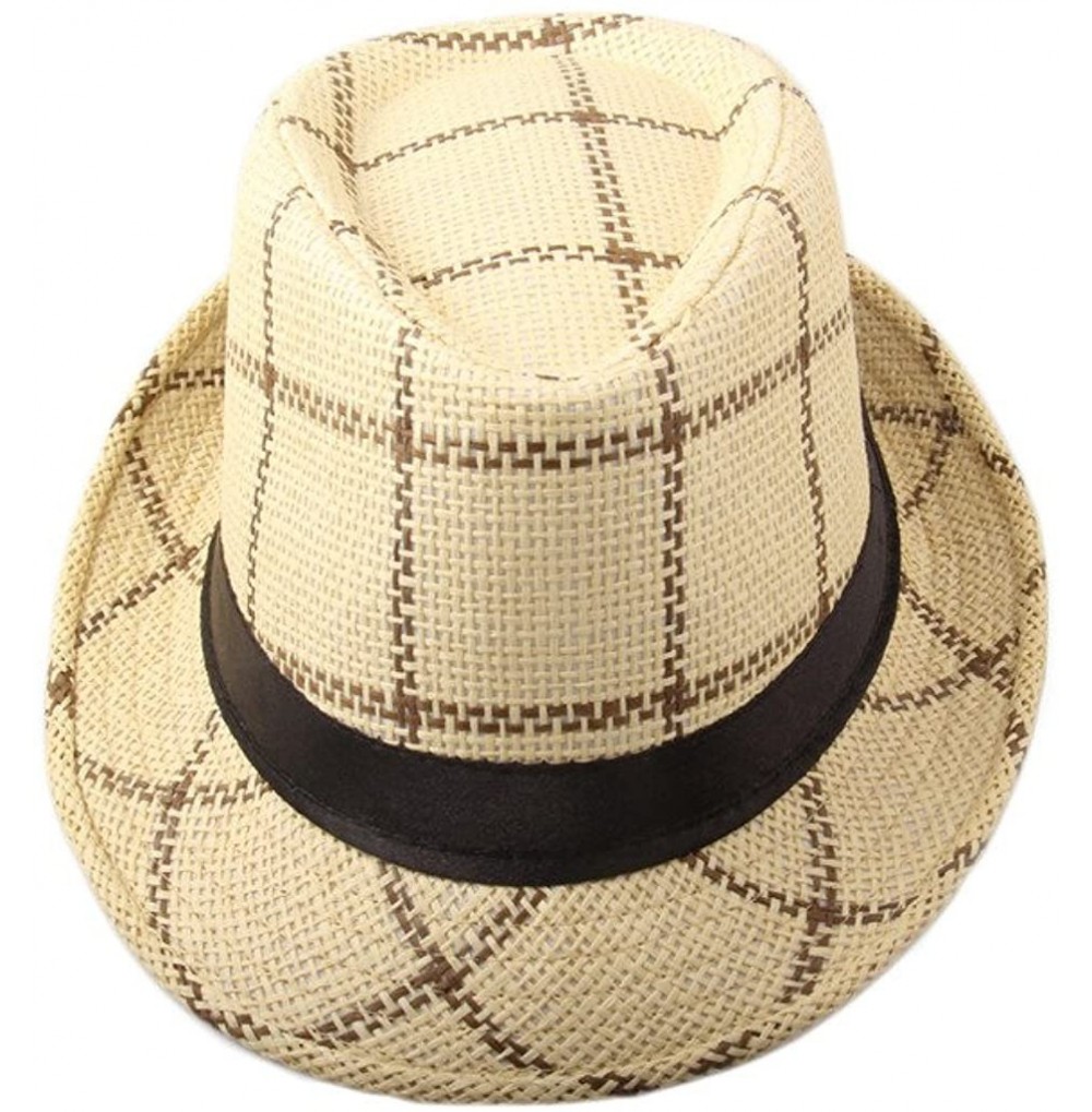 Sun Hats Men's Plaid Straw Beach Sun Fedora Panama hats Dark beige - C511ZPO0UTT