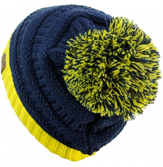Skullies & Beanies Unisex College High School Team Color Two Tone Pom Pom Knit Beanie Hat - Navy/Yellow - CP12LZIQ7YF