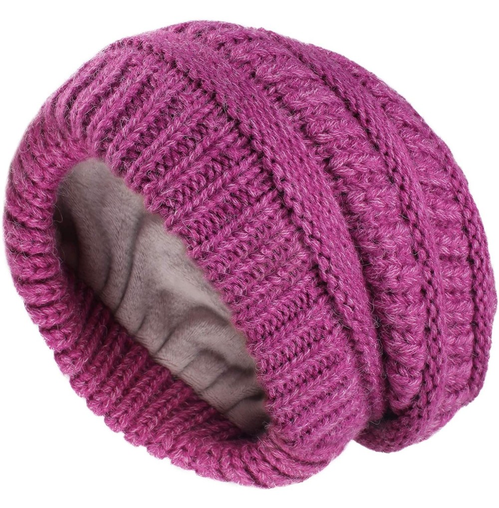 Skullies & Beanies Winter Beanie Hats for Women Cable Knit Fleece Lining Warm Hats Slouchy Thick Skull Cap - Rose Red - CY18X...