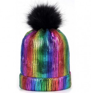 Skullies & Beanies Women Knit Beanie- Chunky Baggy Hat with Faux Fur Pompom Metallic Sequin Beanie Hats Winter Soft Warm Ski ...