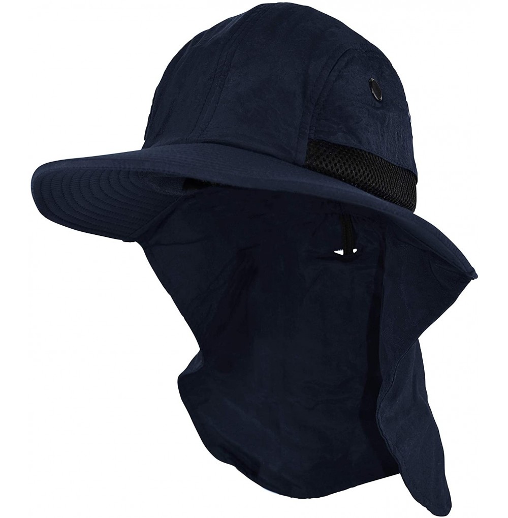 Sun Hats MG Nylon Juniper 4 Panel Safari Wide Brim Flap Cap Hat - Navy - C6199SKO4NN