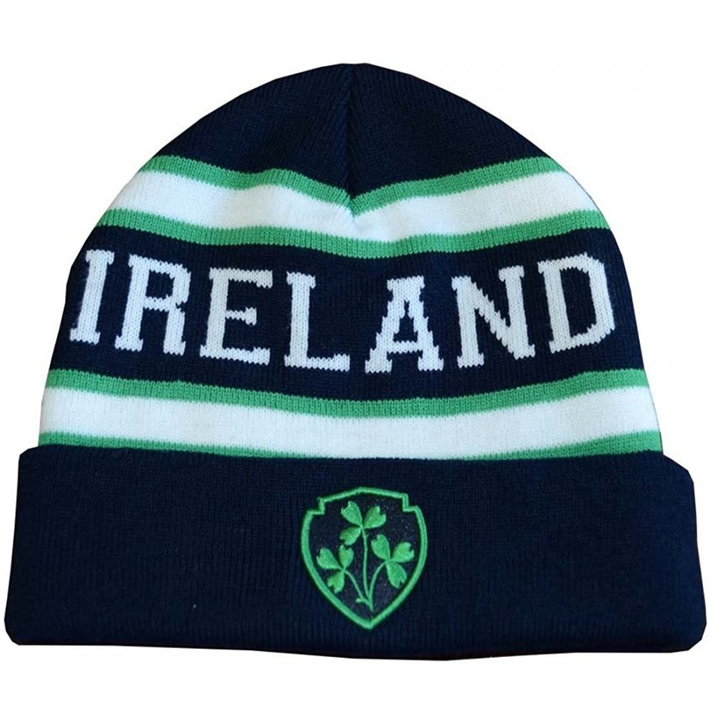 Skullies & Beanies Knitted Navy Beanie Hat with Ireland Lettering and Embroidered Shamrock Crest - CF11ZDM8H2Z