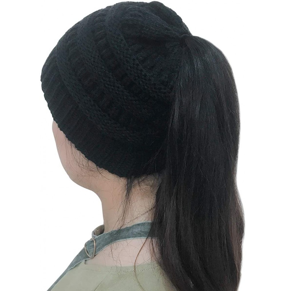 Skullies & Beanies Beanie for Women Hair and Tail Winter Knit Cup Ponytail Warm Stretech Cable Knit Hat - Black - CB18YNQY2TL