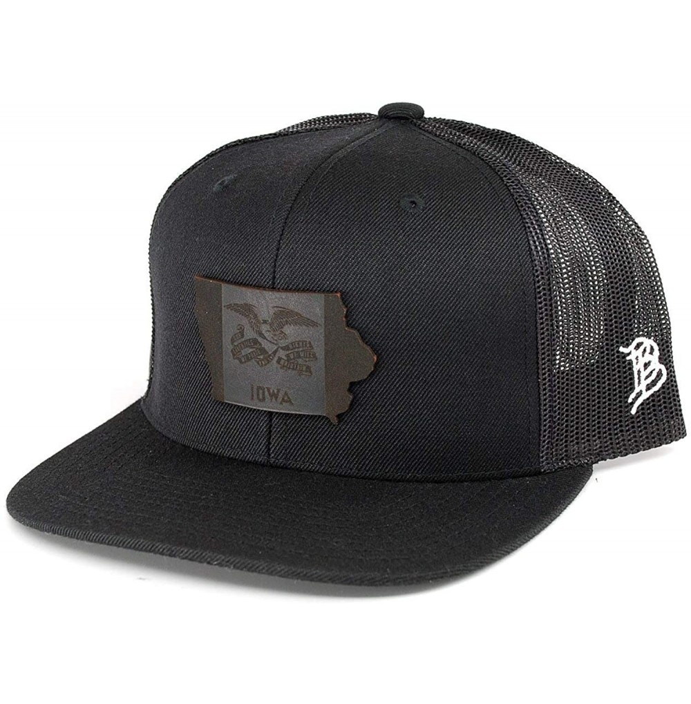 Baseball Caps Iowa 'The 29' Black Leather Patch Hat Flat Trucker - Black - CJ18IGQU69X