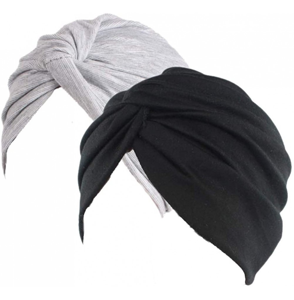 Skullies & Beanies Women's Sleep Soft Turban Pre Tied Cotton India Chemo Cap Beanie Turban Headwear - Black&gray - C218GTTT9SD