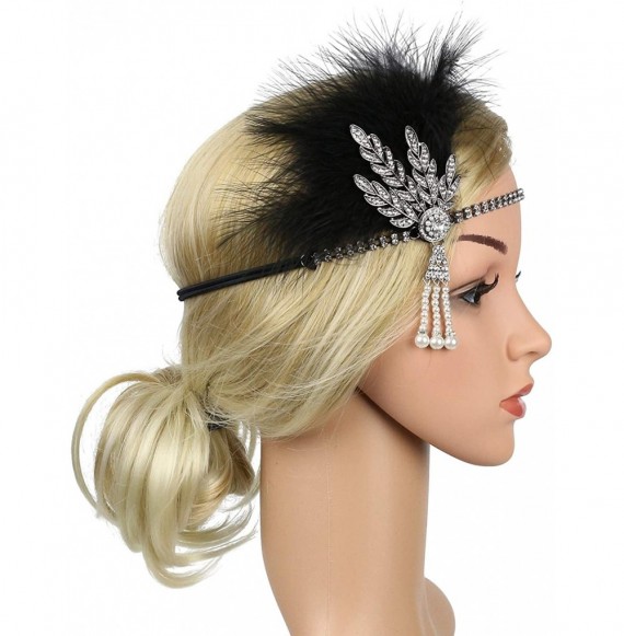 Headbands Vintage 1920s Black Feather Headpiece Gold Beaded Art Deco Flapper Headband - 10a Black and Silver - CB19405RETM