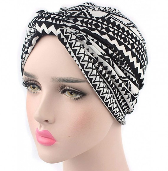 Skullies & Beanies Shiny Turban Hat Headwraps Twist Pleated Hair Wrap Stretch Turban - Black Geometry - CD199IHE5A9