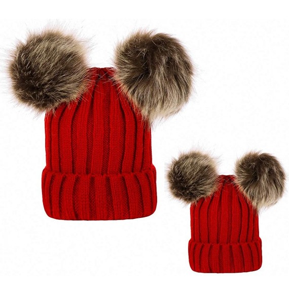 Skullies & Beanies 2PCS Mother&Baby Hat Parent-Child Hat Family Matching Cap Winter Warmer Knit Wool Beanie Ski Cap - W Red -...