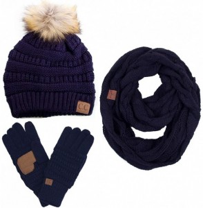 Skullies & Beanies 3pc Set Trendy Warm Chunky Soft Stretch Cable Knit Pom Pom Beanie- Scarves and Gloves Set - Navy - CR18H76...