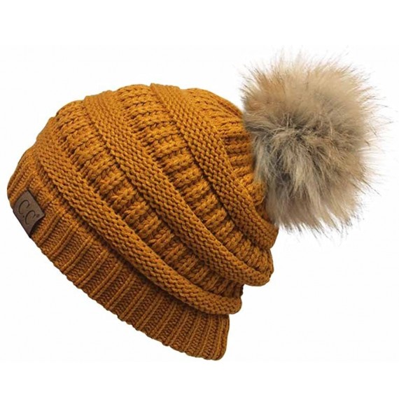 Skullies & Beanies Soft Warm Cable Knit Faux Fur Pom Pom Winter Skull Cap - Mustard - C518Y7E5NZM