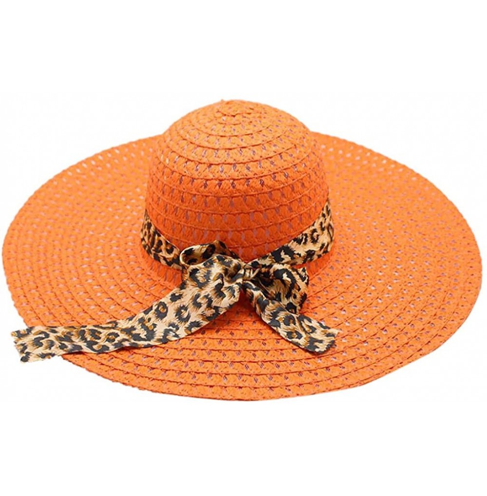 Sun Hats Women Lady Leopard Ribbon Mesh Wide Brim Floppy Beach Hat Straw Hat Sun Hat - Orange - CI18OQMY68U
