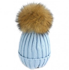 Skullies & Beanies Women Cable Knit Beanie Raccoon Fur Fuzzy Pompom Chunky Winter Stretch Skull Cap Cuff Hat - 10sky Blue - C...