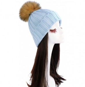 Skullies & Beanies Women Cable Knit Beanie Raccoon Fur Fuzzy Pompom Chunky Winter Stretch Skull Cap Cuff Hat - 10sky Blue - C...