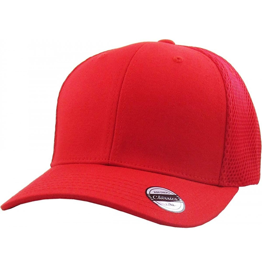 Baseball Caps Blank Stretch Mesh Back Cotton Twill Fitted Hat Spandex Headband - (Mesh Back) Red - CL180K8W9L4