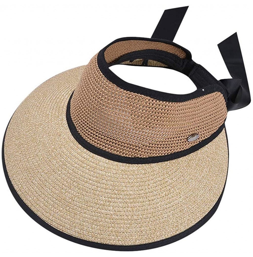 Sun Hats Women's Wide Brim Straw Sun Visor Roll-Up Foldable Sunshad Cap Beach Open Top Hat with Ribbon Binding - C918SM8D8CE