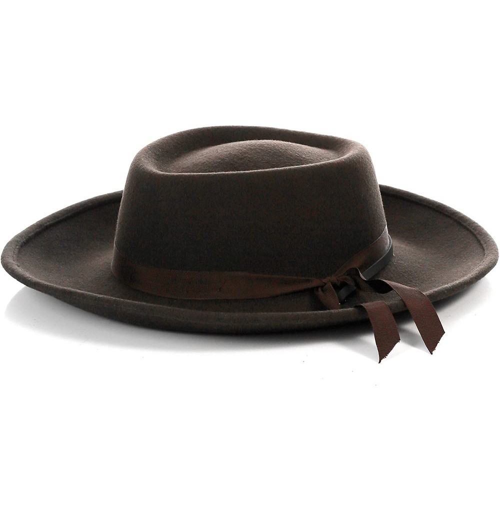 Fedoras Men's Wool Wide Brim Fedora Hat with Grosgrain Ribbon - Dark Brown - CZ180UE3RLC