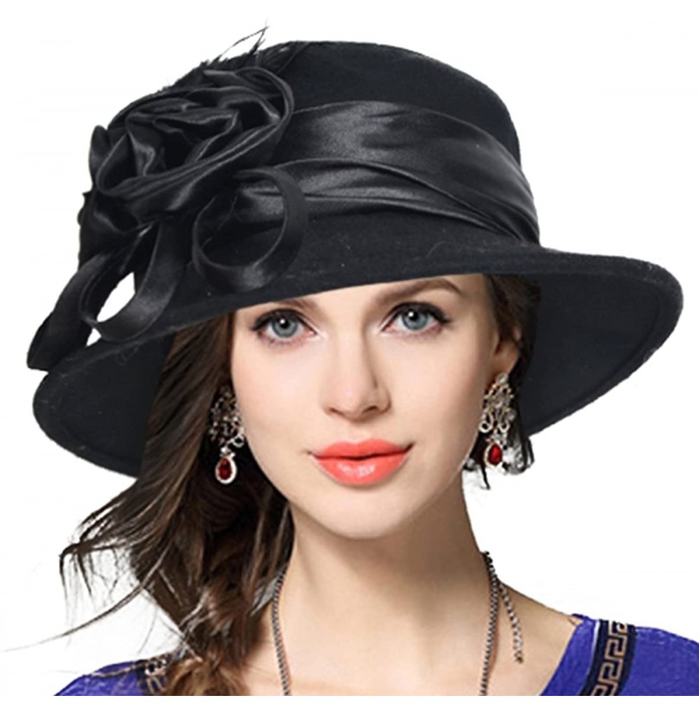 Bucket Hats Women's Wool Church Dress Cloche Hat Plumy Felt Bucket Winter Hat - Floral-black - CG12NG5I22S