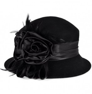 Bucket Hats Women's Wool Church Dress Cloche Hat Plumy Felt Bucket Winter Hat - Floral-black - CG12NG5I22S