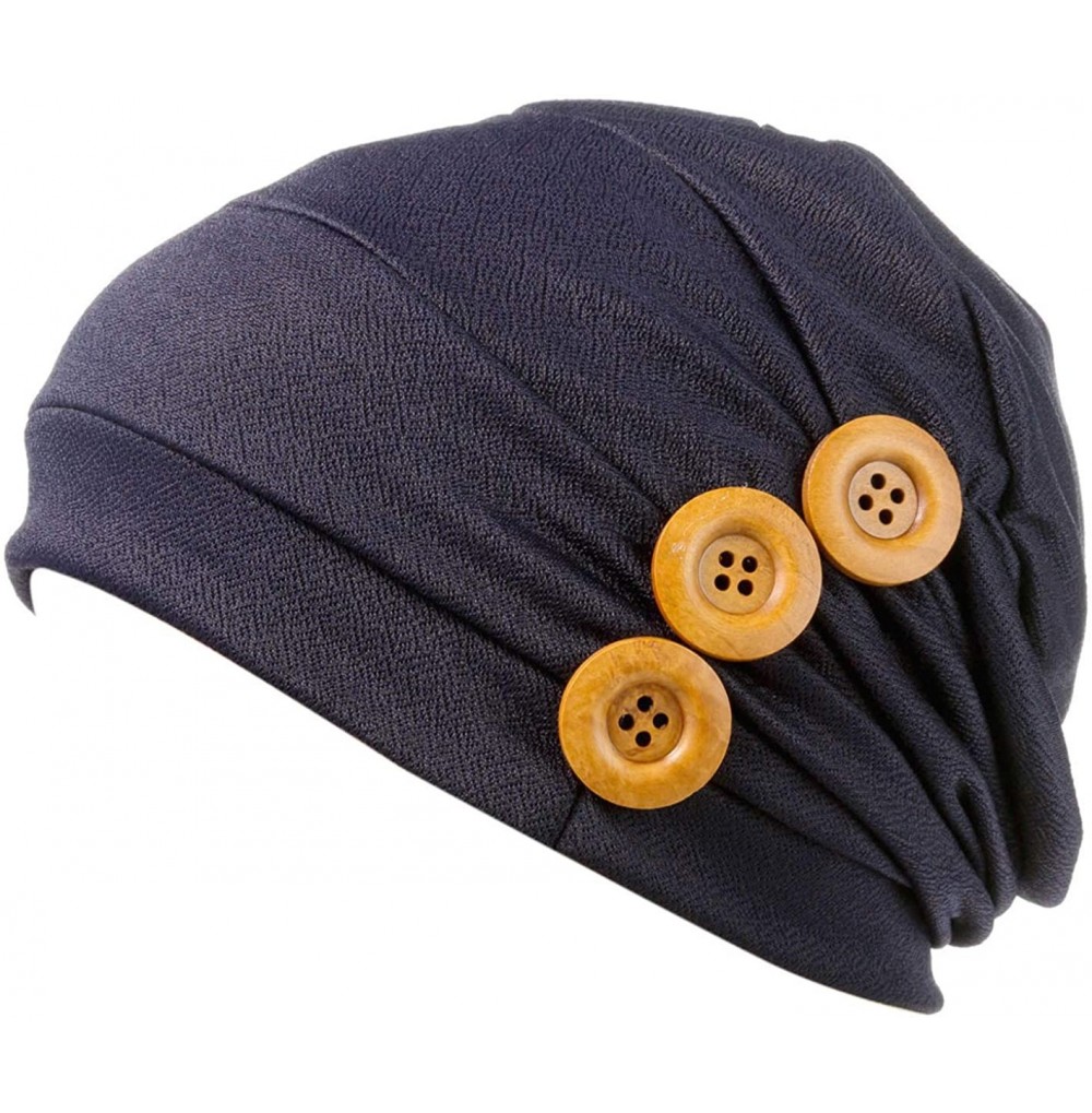 Headbands Print Flower Cap Cancer Hats Beanie Stretch Casual Turbans for Women - Button-(navy Blue) - C918CG0Z0LK