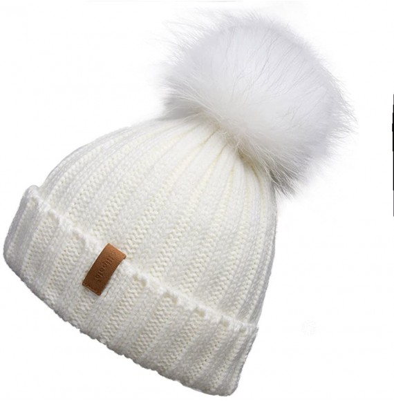 Skullies & Beanies Women Winter Knitted Beanie Hat with Fur Pom Bobble Hat Skull Beanie for Women - Cream( White Pompom) - CF...