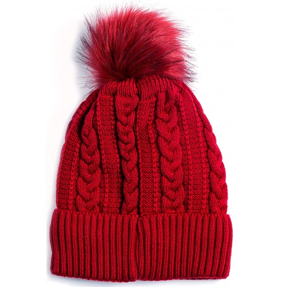 Skullies & Beanies Women Winter Faux Fur Pom Beanie Hat w/Warm Fleece Lined Thick Skull Ski Cap - 2 Pack-red & Cream - CI180U...