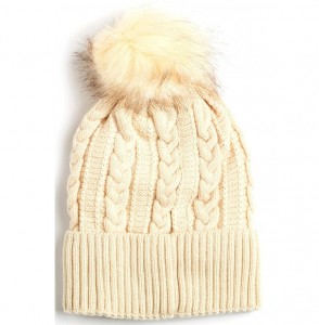 Skullies & Beanies Women Winter Faux Fur Pom Beanie Hat w/Warm Fleece Lined Thick Skull Ski Cap - 2 Pack-red & Cream - CI180U...