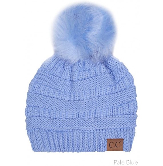 Skullies & Beanies Exclusive Soft Stretch Cable Knit Faux Fur Pom Pom Beanie Hat - Pale Blue - CP12MZLFO79