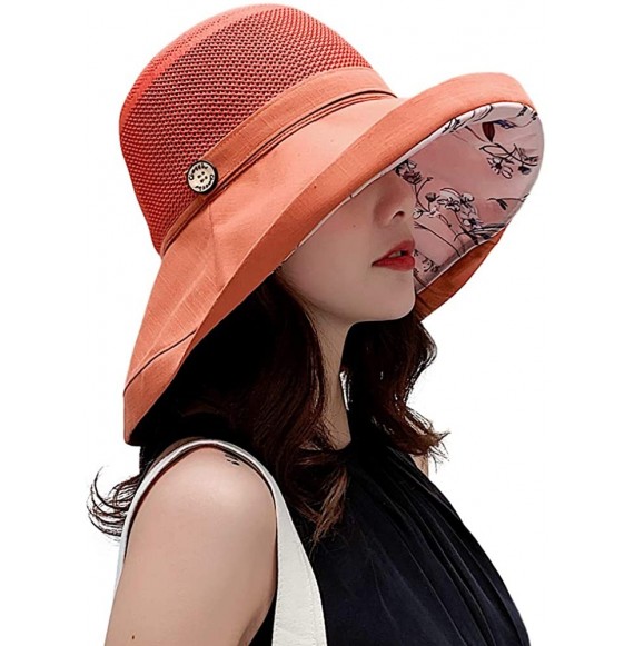 Sun Hats Women Mesh Sun Hats Summer Beach UV Protection UPF Packable Wide Brim Chin Strap - Orange-red - C418RZWQEA2