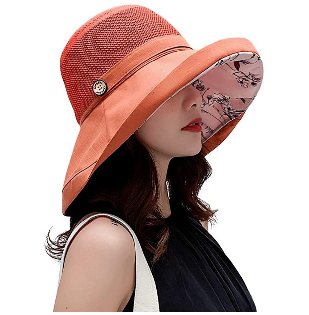 Sun Hats Women Mesh Sun Hats Summer Beach UV Protection UPF Packable Wide Brim Chin Strap - Orange-red - C418RZWQEA2
