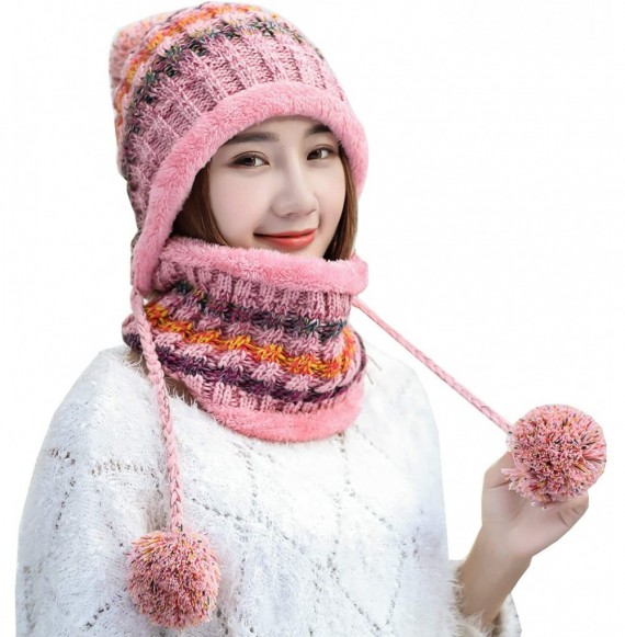 Skullies & Beanies Fleece Lined Women Knit Beanie Scarf Set Girls Winter Ski Hat with Earflap Pompom - Pink - CB188QYQ6T4
