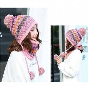 Skullies & Beanies Fleece Lined Women Knit Beanie Scarf Set Girls Winter Ski Hat with Earflap Pompom - Pink - CB188QYQ6T4
