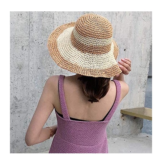 Sun Hats Women's Foldable Bowknot Floppy Straw Sun Hat Wide Brim Beach Sun Visor Hat Cap - Khaki+beige - C818QQMA4ZK