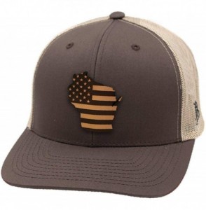Baseball Caps 'Wisconsin Patriot' Leather Patch Hat Curved Trucker - Heather Grey/Black - CZ18IGQ8EZR