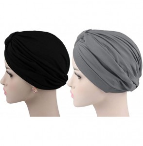 Skullies & Beanies Chemo Turbans for Women Pre Tied Cotton Vintage Cover Twist Pleasted Hair Caps - 2 Pair-a-style1-black+gra...