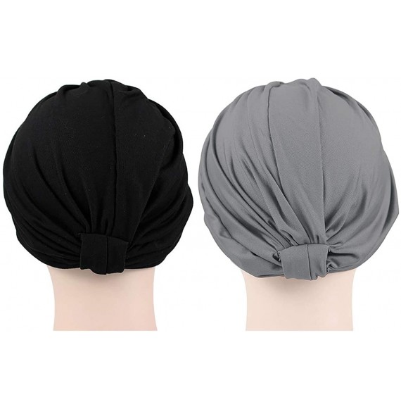 Skullies & Beanies Chemo Turbans for Women Pre Tied Cotton Vintage Cover Twist Pleasted Hair Caps - 2 Pair-a-style1-black+gra...