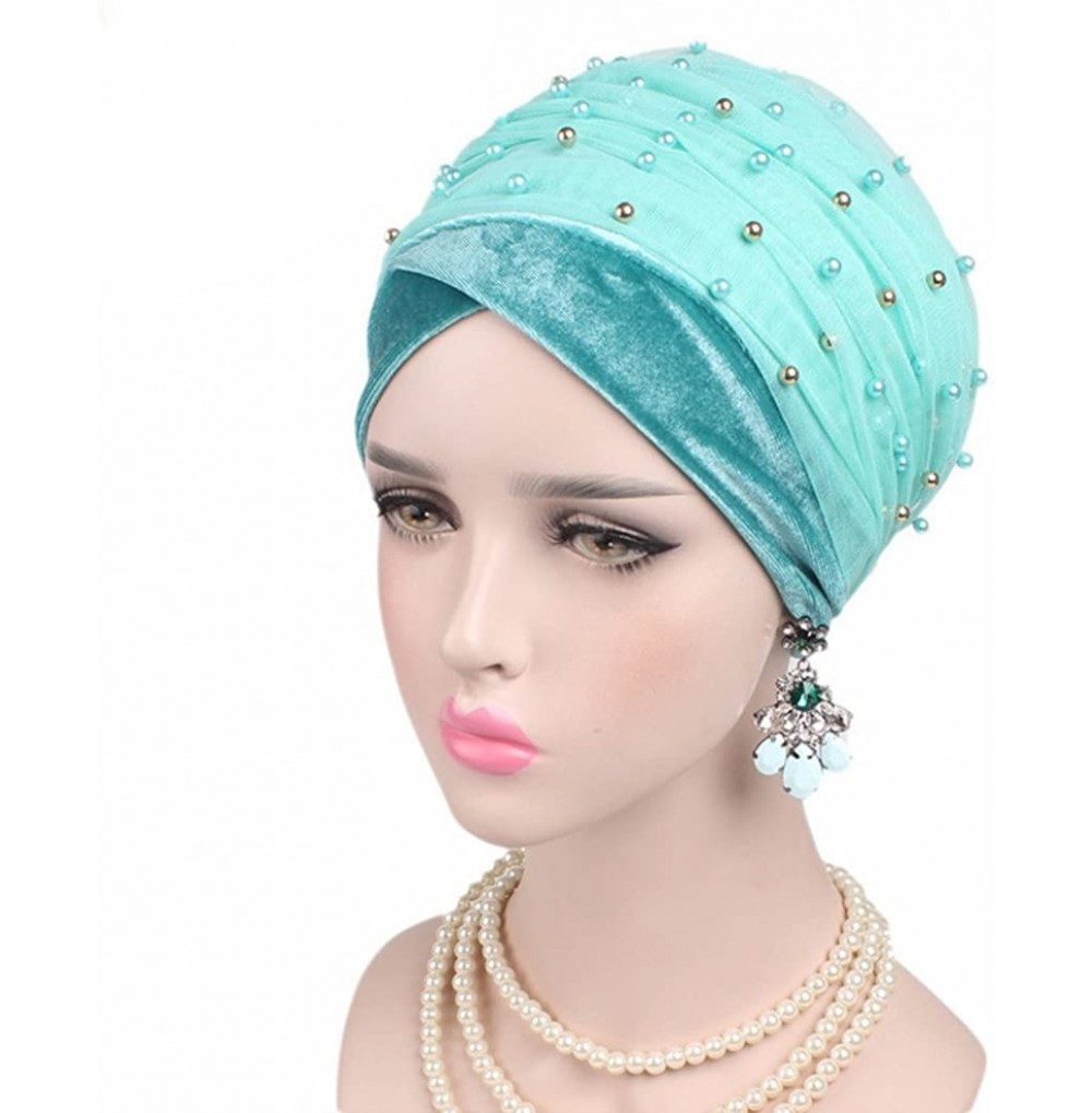Skullies & Beanies Womens Removable Bowknot Hijab Turban Dual Purpose Cap - Blue1 - CU18DI9LXS0