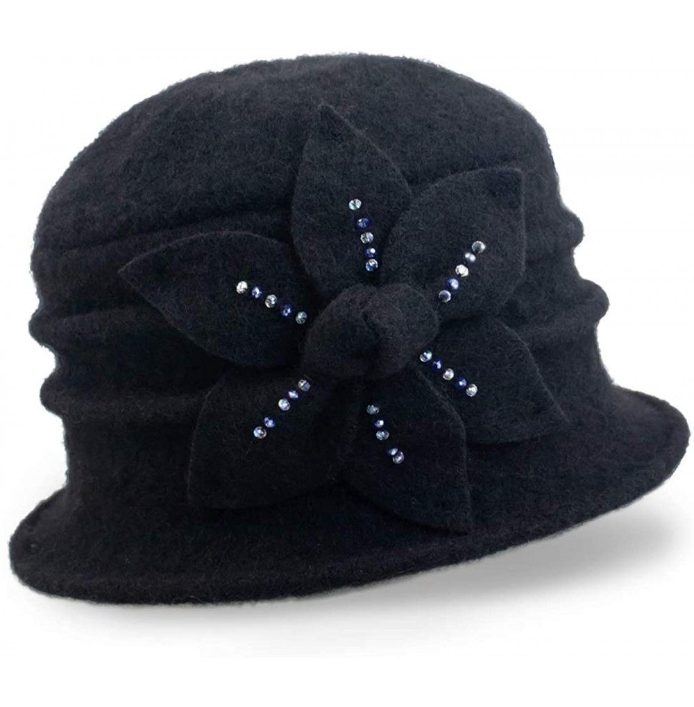 Bucket Hats Women's Daisy Flower Wool Cloche Bucket Hat - Beaded Black - CM192QR7DA7
