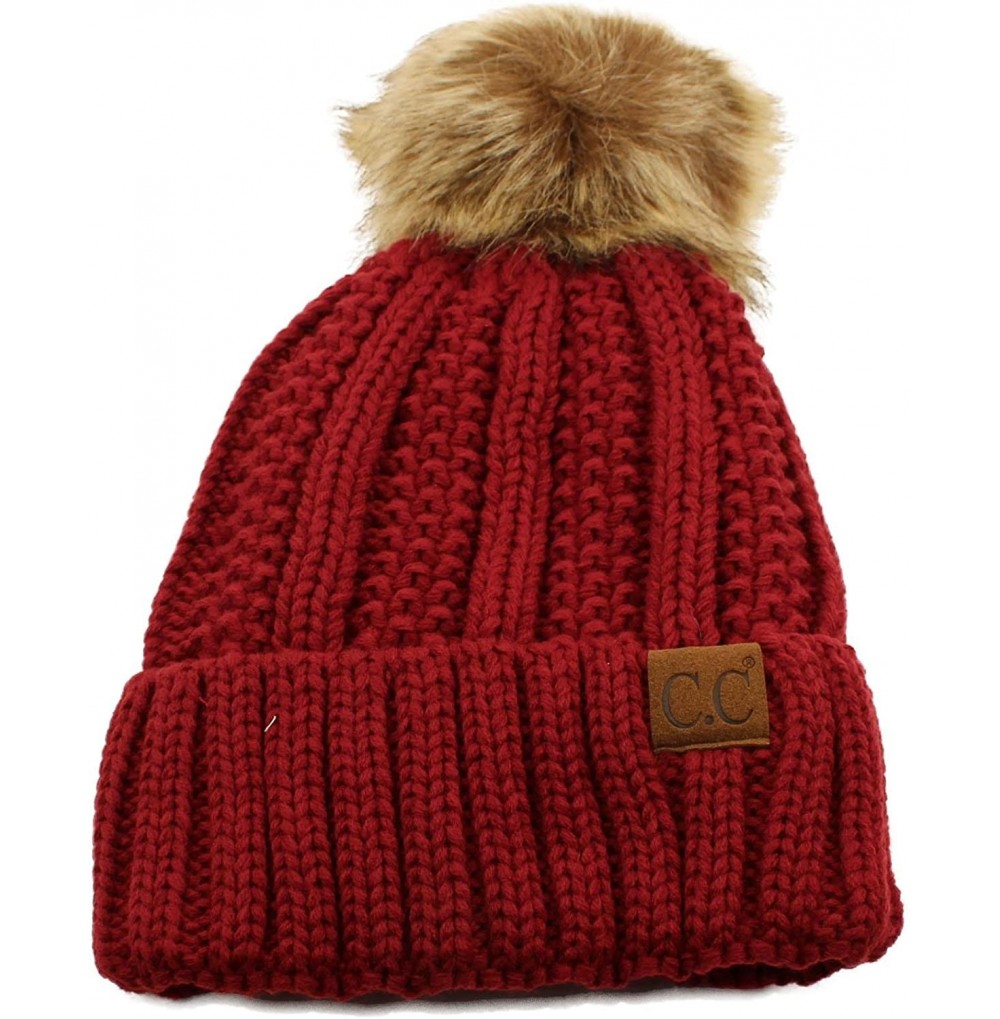 Skullies & Beanies Winter Sherpa Fleeced Lined Chunky Knit Stretch Pom Pom Beanie Hat Cap Solid Burgundy - C418K2S35TZ