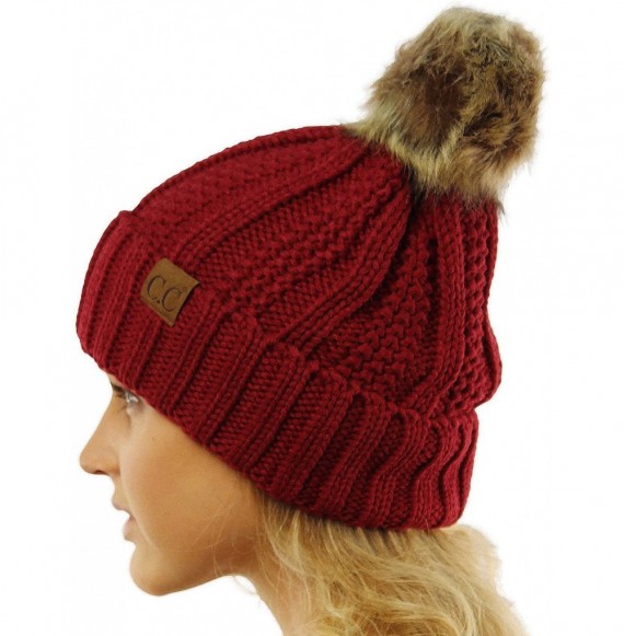 Skullies & Beanies Winter Sherpa Fleeced Lined Chunky Knit Stretch Pom Pom Beanie Hat Cap Solid Burgundy - C418K2S35TZ